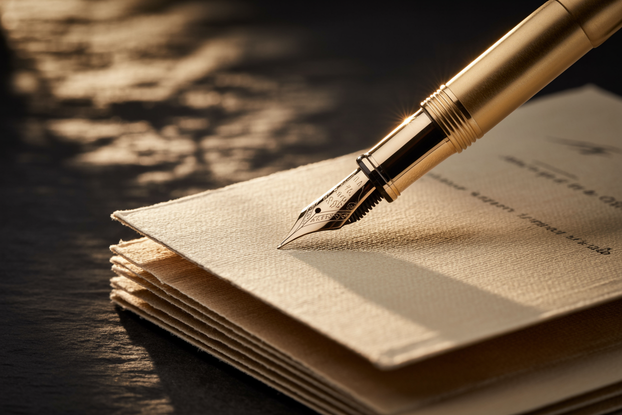 Bespoke fountain pen on fine cardstock, symbolizing strategic partnership